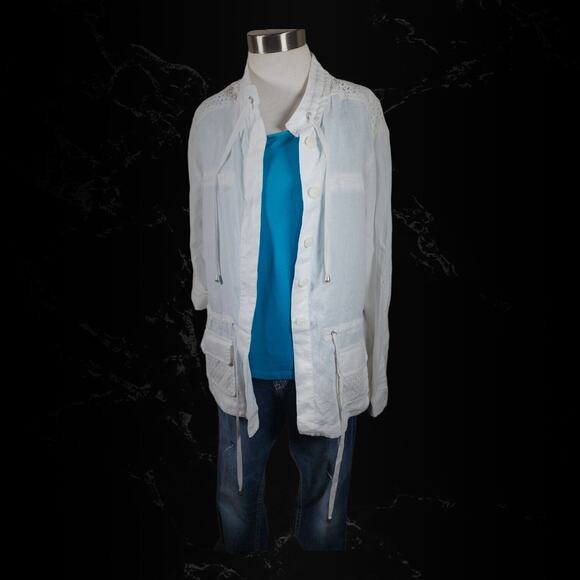 Saint Tropez West White Eyelet Linen Button Cinch Waist Utility Jacket Sz Medium - Picture 9 of 16